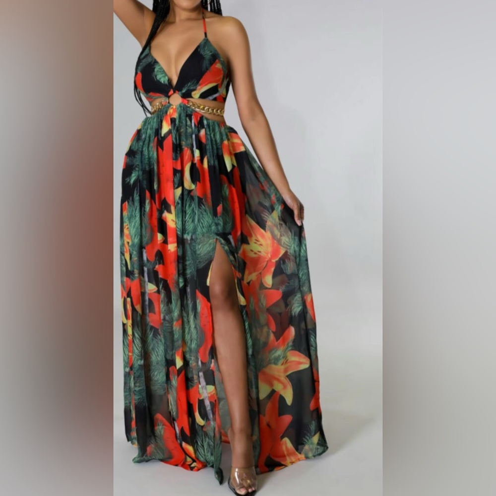 NEW!!Floral Maxi Skirt - Black and Orange